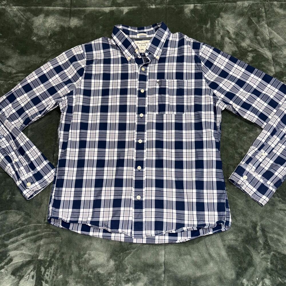 Abercrombie & Fitch Shirt Men’s 2XL Blue White Plaid Button Down Muscle Fit